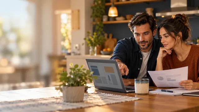 Couple comparing options on a laptop and a printed sheet at a kitchen table