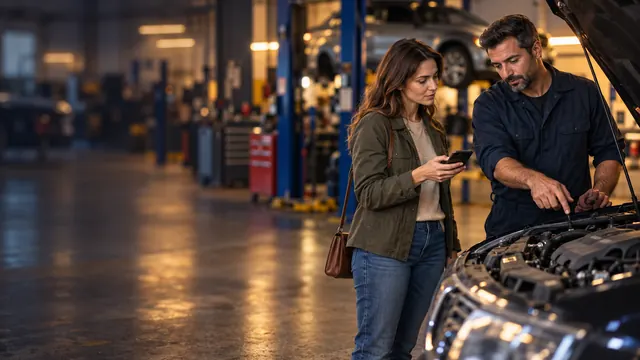 Mechanic explaining a car repair to a customer holding her phone in an auto shop
