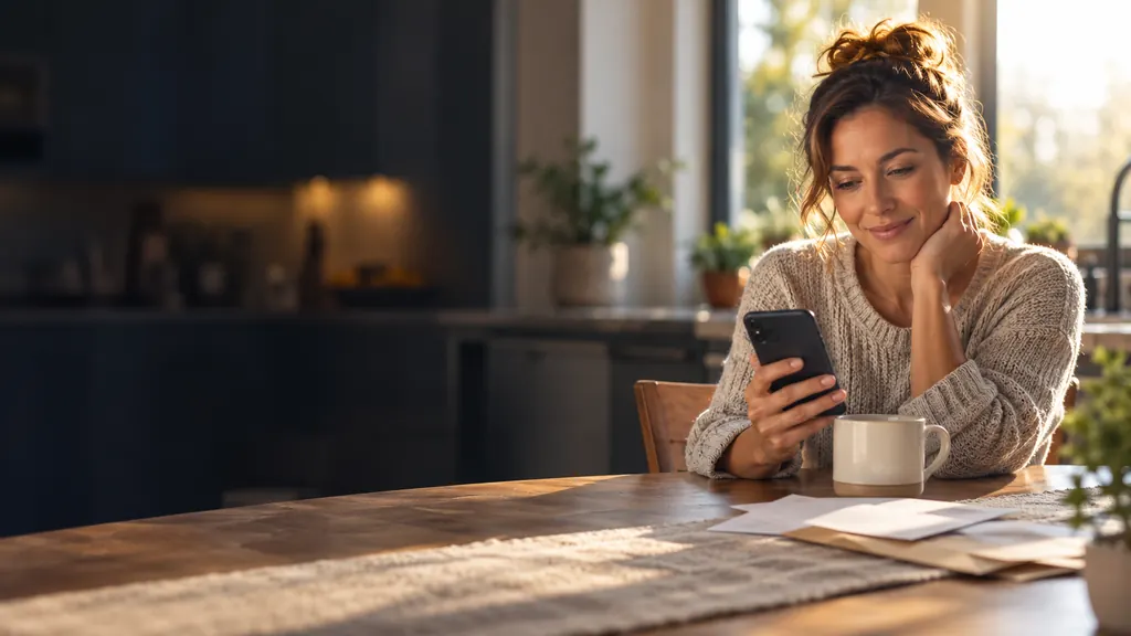 Woman smiling at her phone at a sunny kitchen table with a cup of coffee and opened mail