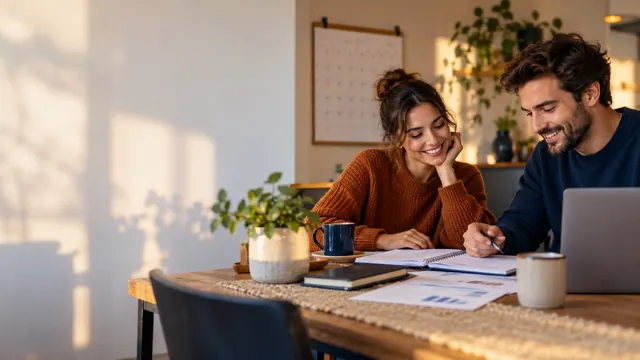 Couple planning a monthly budget together at a kitchen table with a wall calendar